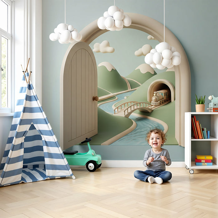 Papier peint chambre enfant | Train mignon dans un paysage de montagnes et de rivières