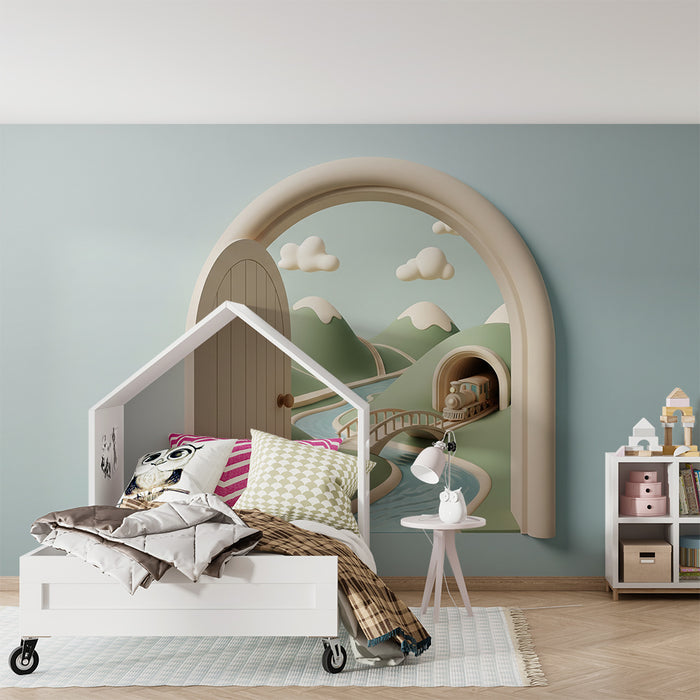 Papier peint chambre enfant | Train mignon dans un paysage de montagnes et de rivières