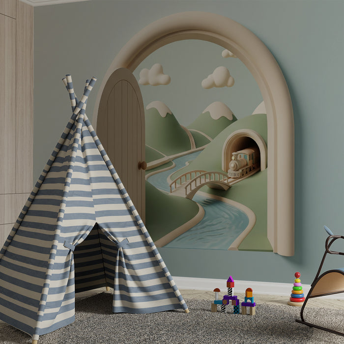 Papier peint chambre enfant | Train mignon dans un paysage de montagnes et de rivières