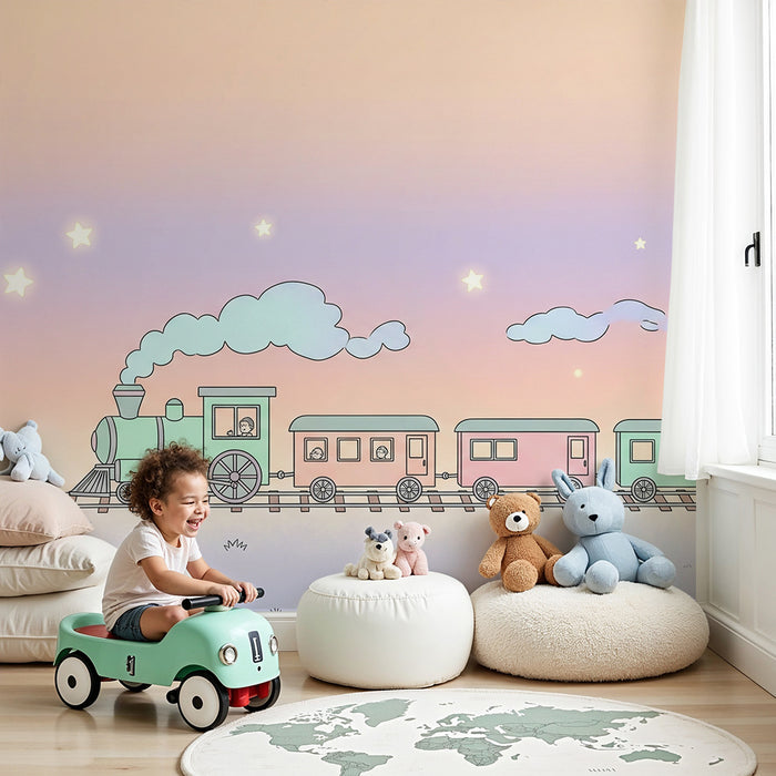 Kinderkamer behang | Pastel trein onder een sterrenhemel