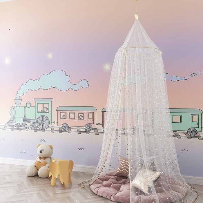 Kinderkamer behang | Pastel trein onder een sterrenhemel