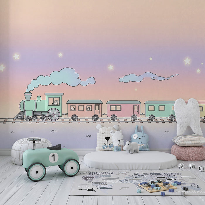 Kinderkamer behang | Pastel trein onder een sterrenhemel