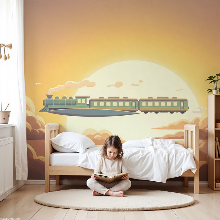 Papier peint chambre enfant | Train volant au coucher de soleil dans un ciel nuageux