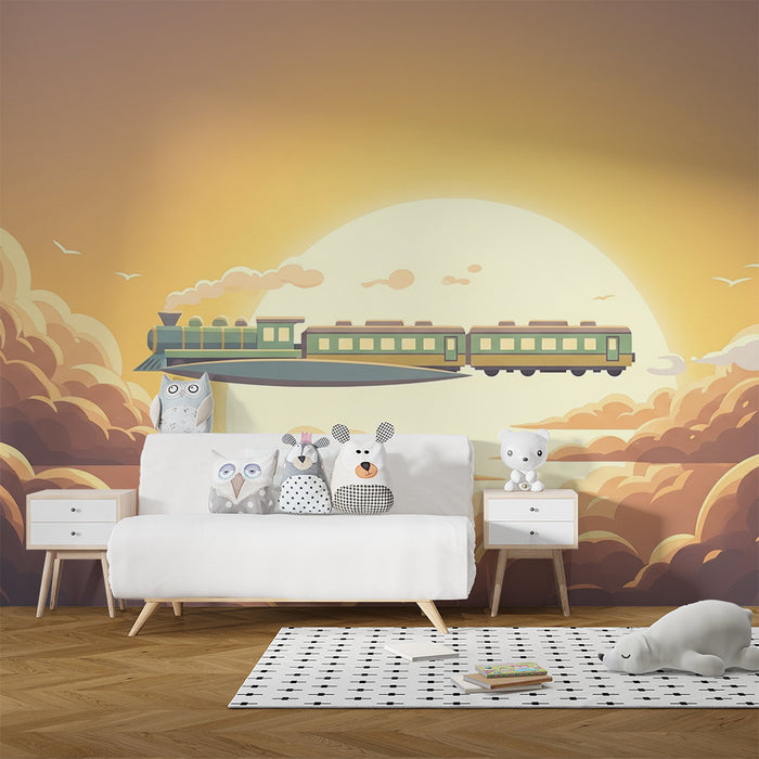 Papier peint chambre enfant | Train volant au coucher de soleil dans un ciel nuageux
