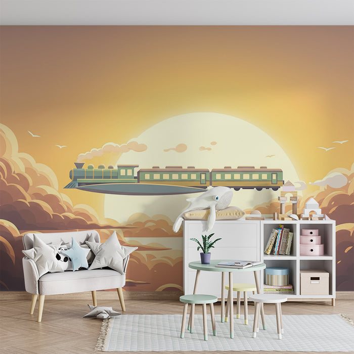 Papier peint chambre enfant | Train volant au coucher de soleil dans un ciel nuageux