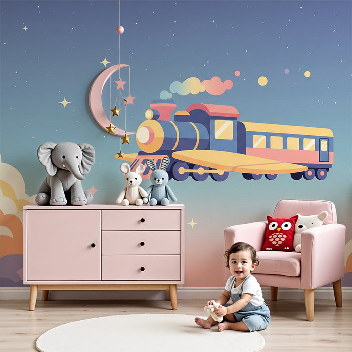 Kids room wallpaper | Flying train in a starry sky with colorful clouds
