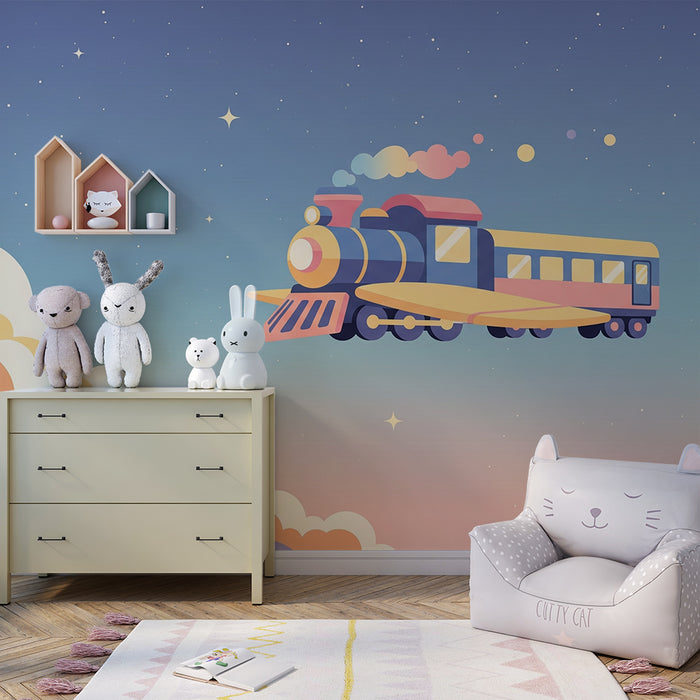 Kids room wallpaper | Flying train in a starry sky with colorful clouds