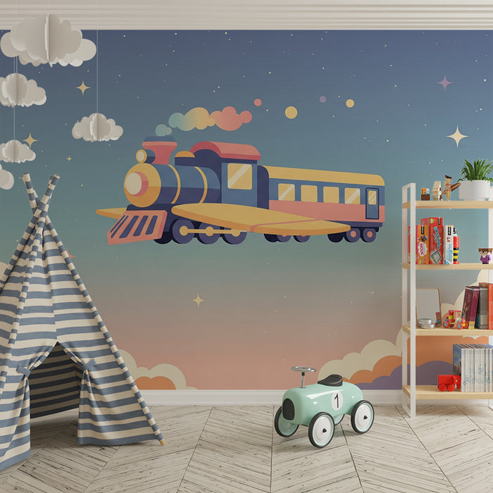 Kids room wallpaper | Flying train in a starry sky with colorful clouds