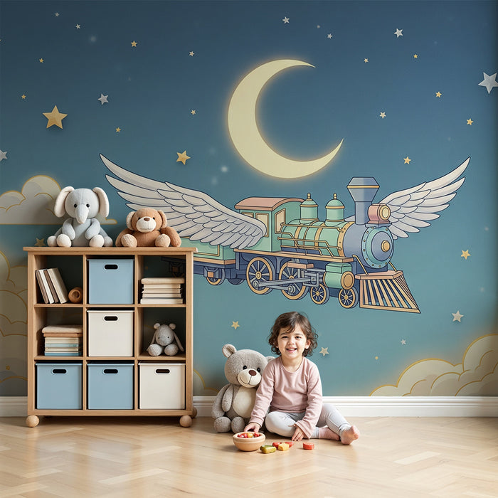 Papier peint chambre enfant | Train volant dans un ciel étoilé avec nuages doux