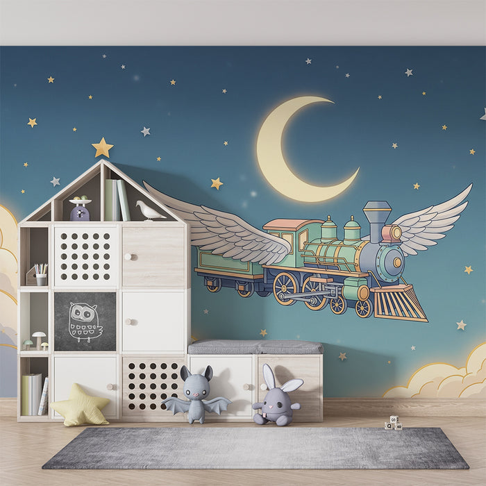Papier peint chambre enfant | Train volant dans un ciel étoilé avec nuages doux