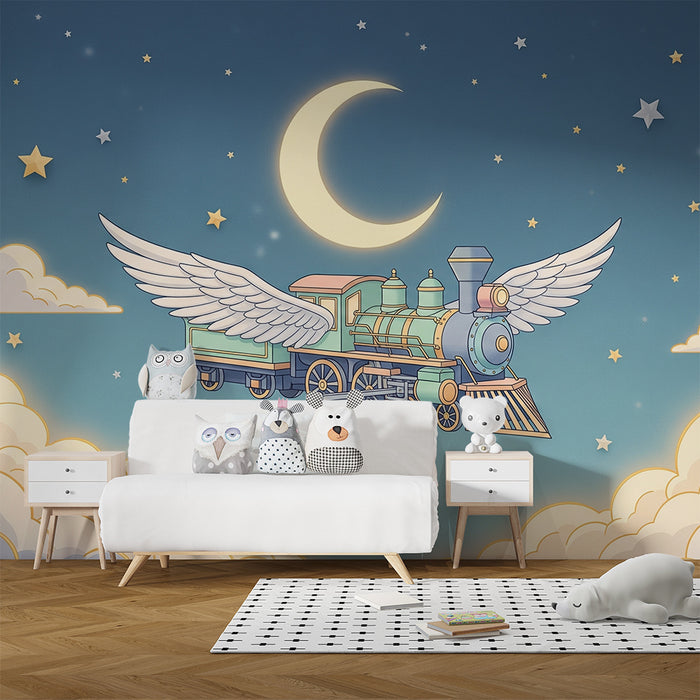 Papier peint chambre enfant | Train volant dans un ciel étoilé avec nuages doux