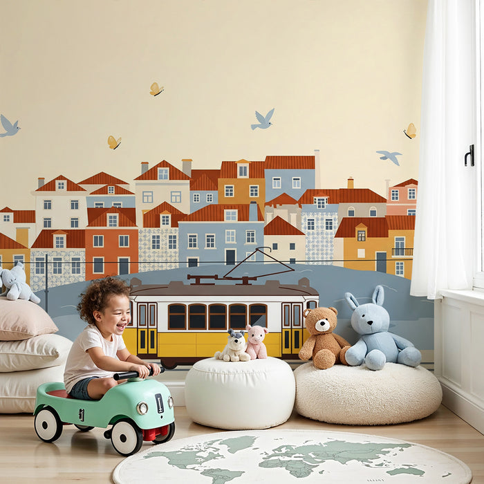 Papel de parede infantil | Elétrico colorido e casas pitorescas sob um céu sereno