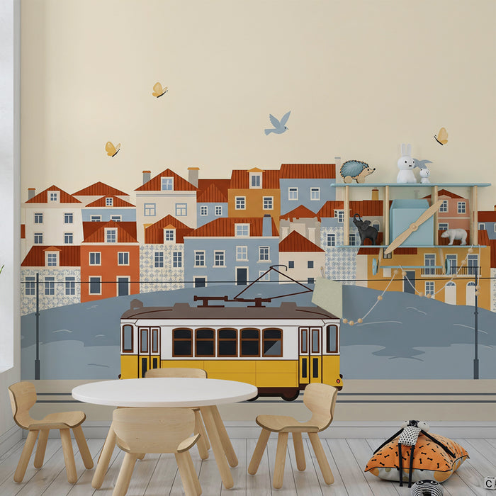 Papel de parede infantil | Elétrico colorido e casas pitorescas sob um céu sereno