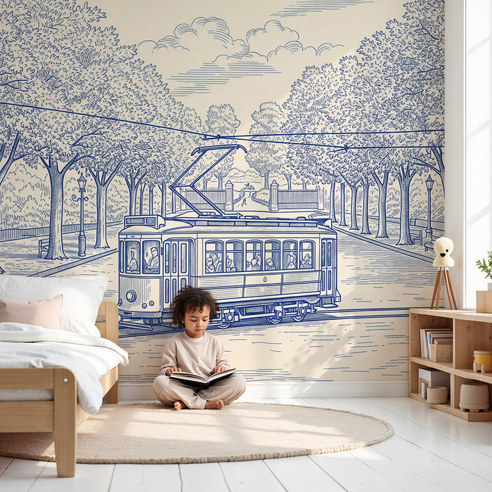 **Tapeten für Kinderzimmer | Vintage-Straßenbahn inmitten eines grünen Parks**