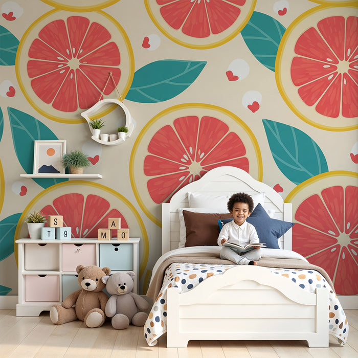 Barntapet | Färgglada grapefruktskivor med gröna blad
