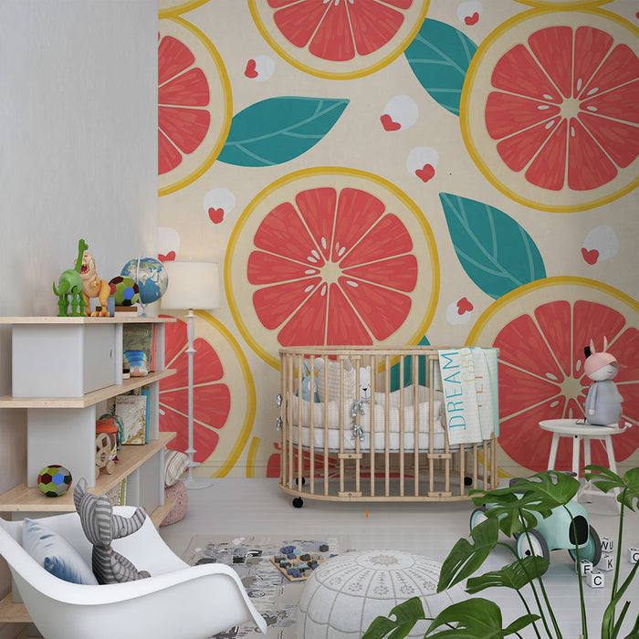 Barntapet | Färgglada grapefruktskivor med gröna blad
