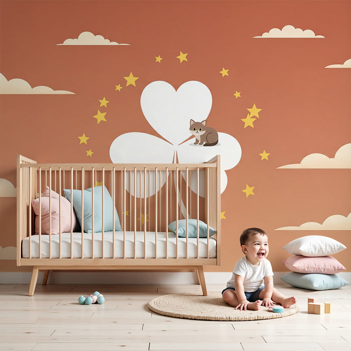 Papel de parede para quarto infantil | Trevo mágico com gato e estrelas douradas