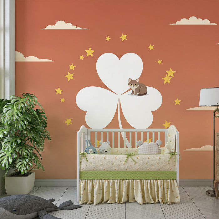 Papel de parede para quarto infantil | Trevo mágico com gato e estrelas douradas