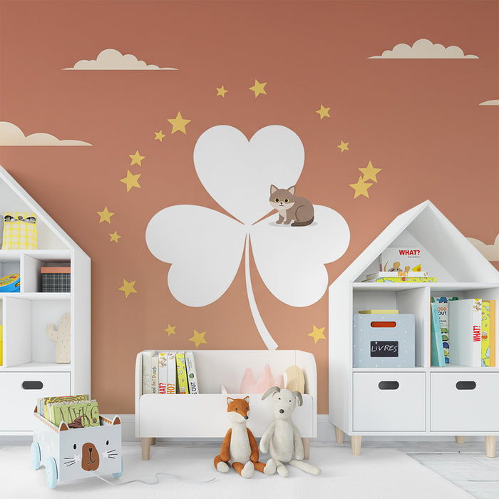 Papel de parede para quarto infantil | Trevo mágico com gato e estrelas douradas