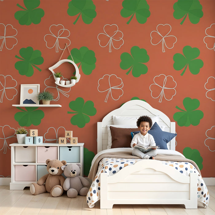 Kids' Room Wallpaper | Green Clovers on Coral Background