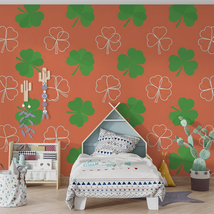 Kids' Room Wallpaper | Green Clovers on Coral Background