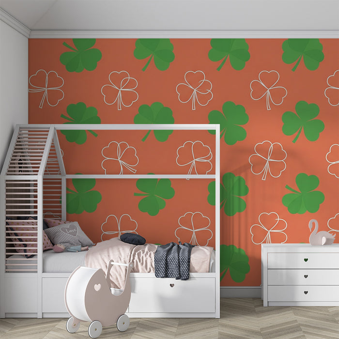 Kids' Room Wallpaper | Green Clovers on Coral Background