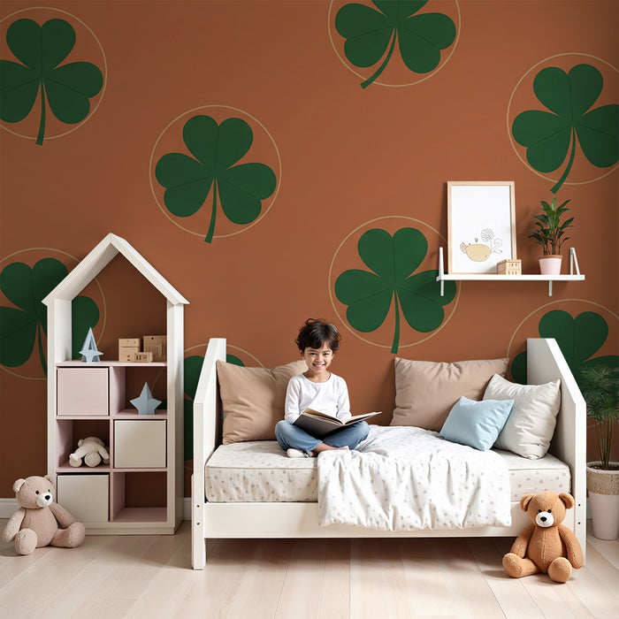 Kids' Room Wallpaper | Green Clovers on Vibrant Orange Background