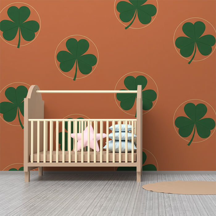 Kids' Room Wallpaper | Green Clovers on Vibrant Orange Background