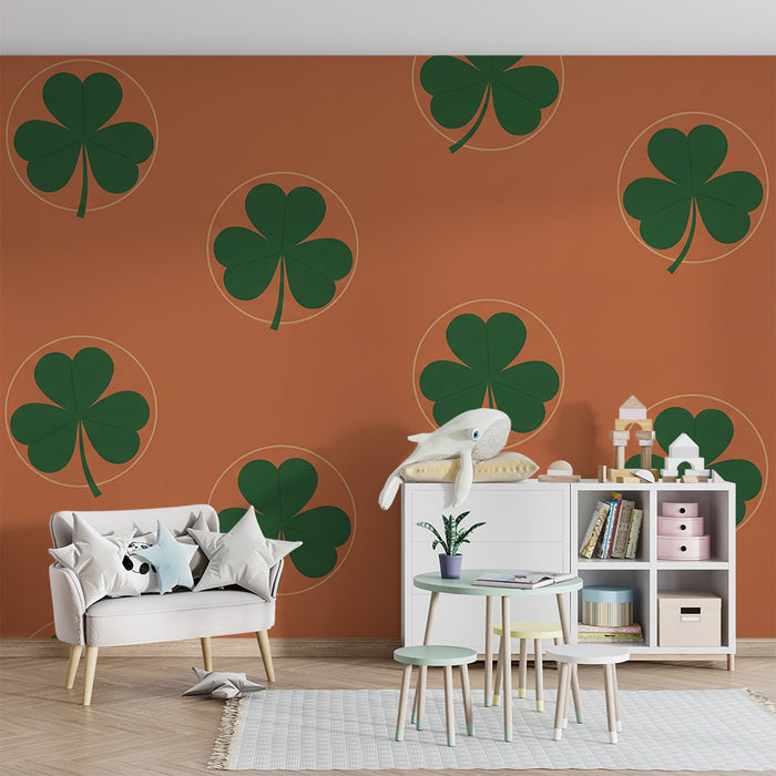 Kids' Room Wallpaper | Green Clovers on Vibrant Orange Background