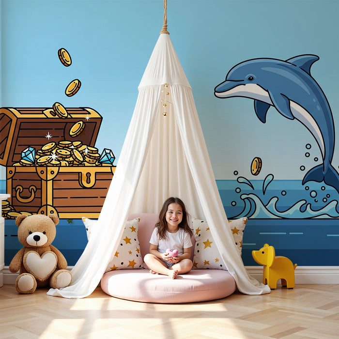 Kinderzimmer-Tapete | Unterwasserschatz mit Delfin und Goldschatztruhe