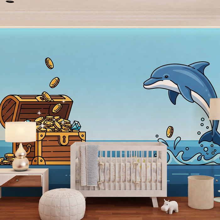 Kinderzimmer-Tapete | Unterwasserschatz mit Delfin und Goldschatztruhe