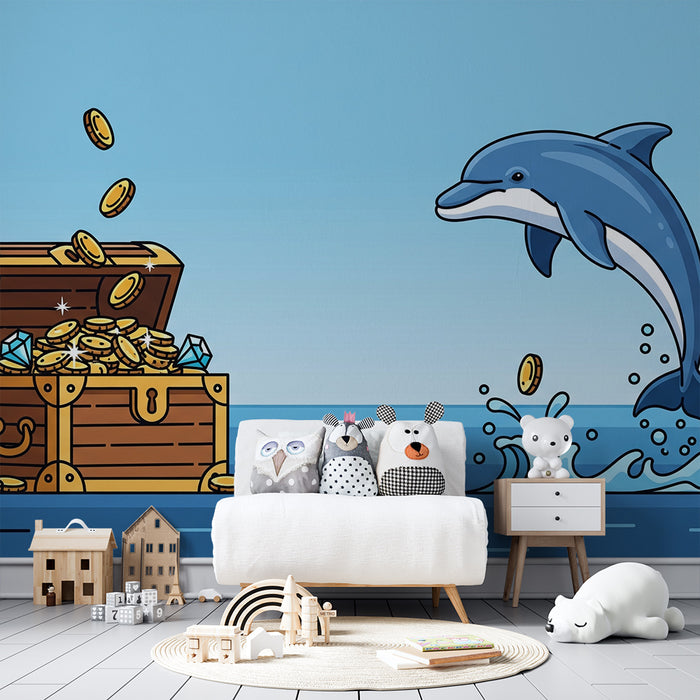 Kinderzimmer-Tapete | Unterwasserschatz mit Delfin und Goldschatztruhe