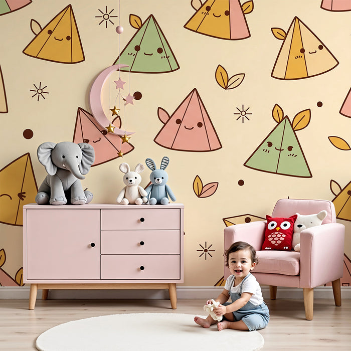 Papier peint chambre enfant | Triangles colorés et visages joyeux sur fond doux