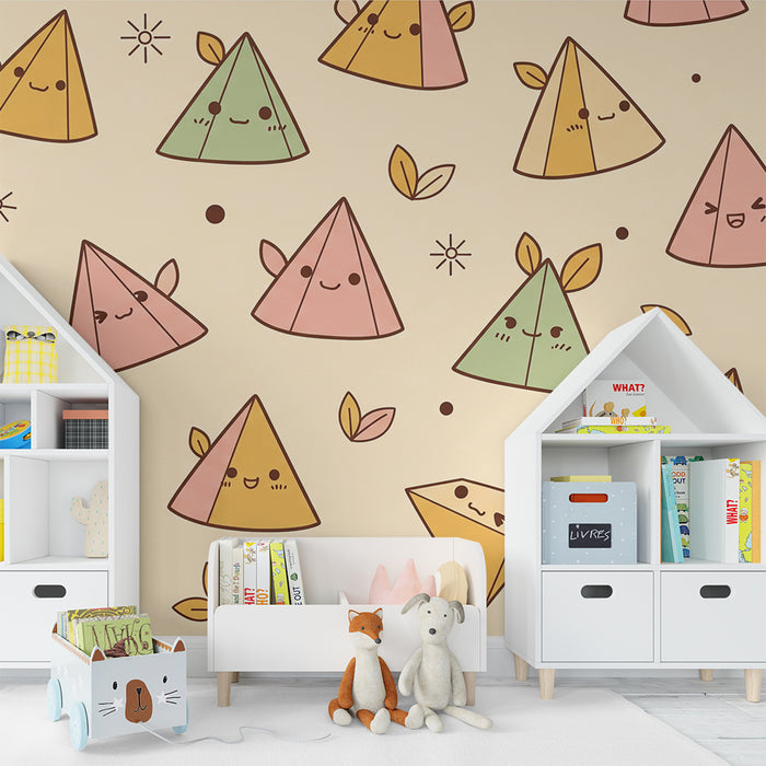 Papier peint chambre enfant | Triangles colorés et visages joyeux sur fond doux