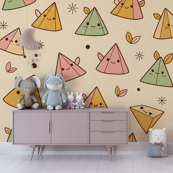 Papier peint chambre enfant | Triangles colorés et visages joyeux sur fond doux