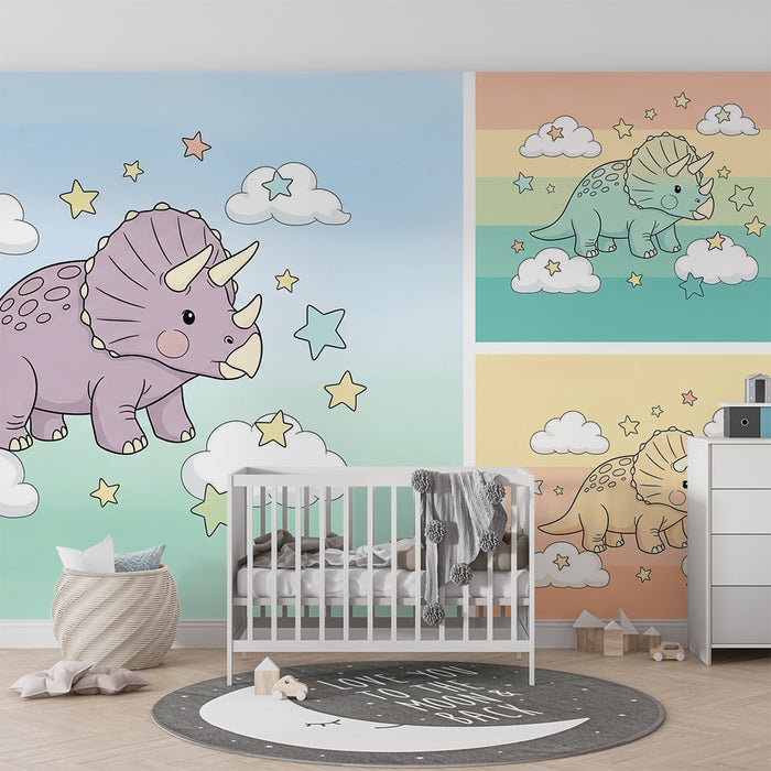 Børneværelse tapet | Farverige triceratops i en stjerneklar himmel