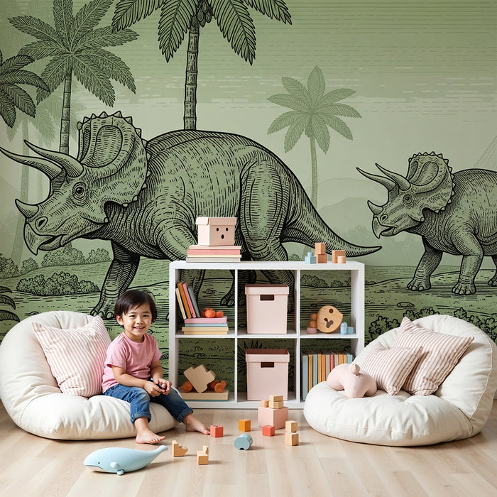Tapety dla dzieci | Triceratops w zielonym prehistorycznym krajobrazie
