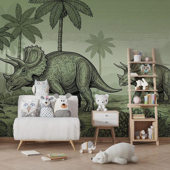 Tapety dla dzieci | Triceratops w zielonym prehistorycznym krajobrazie