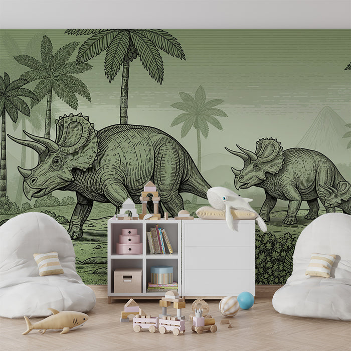 Tapety dla dzieci | Triceratops w zielonym prehistorycznym krajobrazie