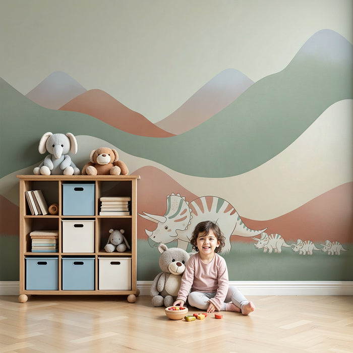 Tapety dla dzieci | Triceratops i jego małe w łagodnym krajobrazie