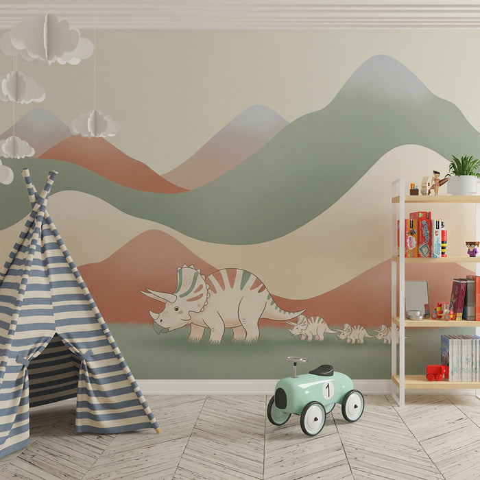 Tapety dla dzieci | Triceratops i jego małe w łagodnym krajobrazie