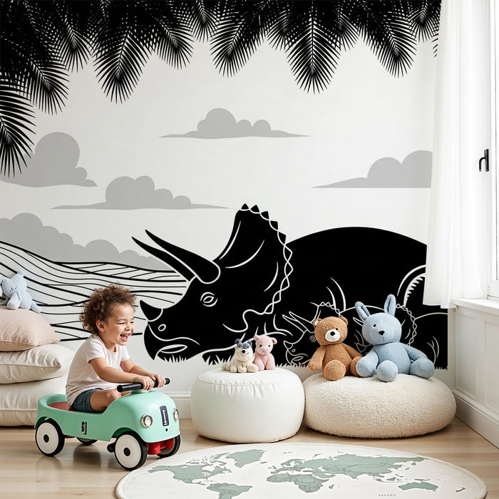 Kids' Room Wallpaper | Triceratops and Babies in a Prehistoric Landscape
