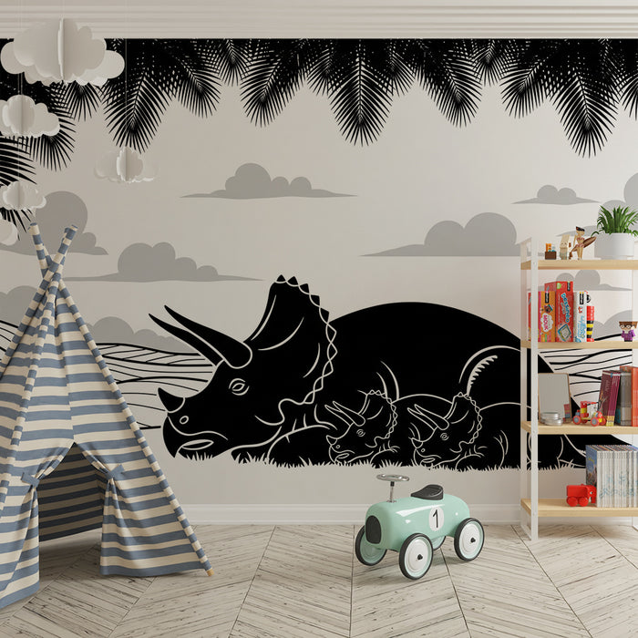 Kids' Room Wallpaper | Triceratops and Babies in a Prehistoric Landscape