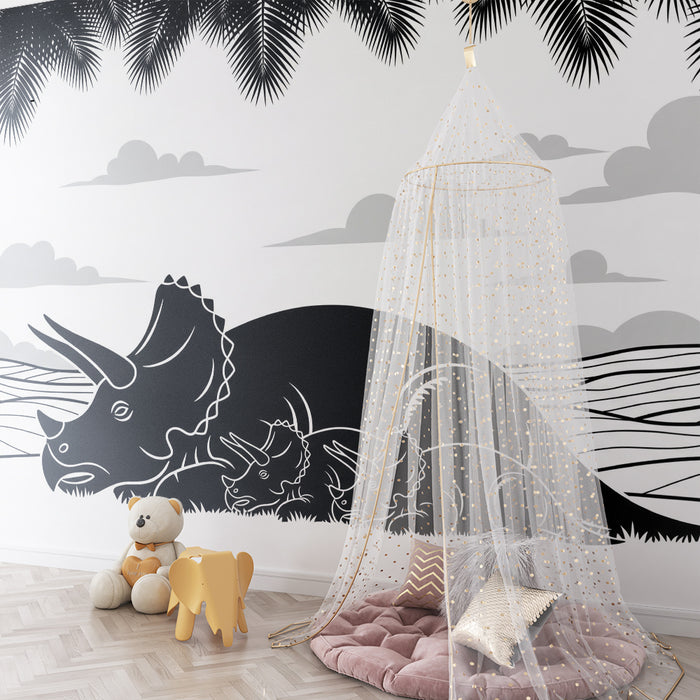 Kids' Room Wallpaper | Triceratops and Babies in a Prehistoric Landscape