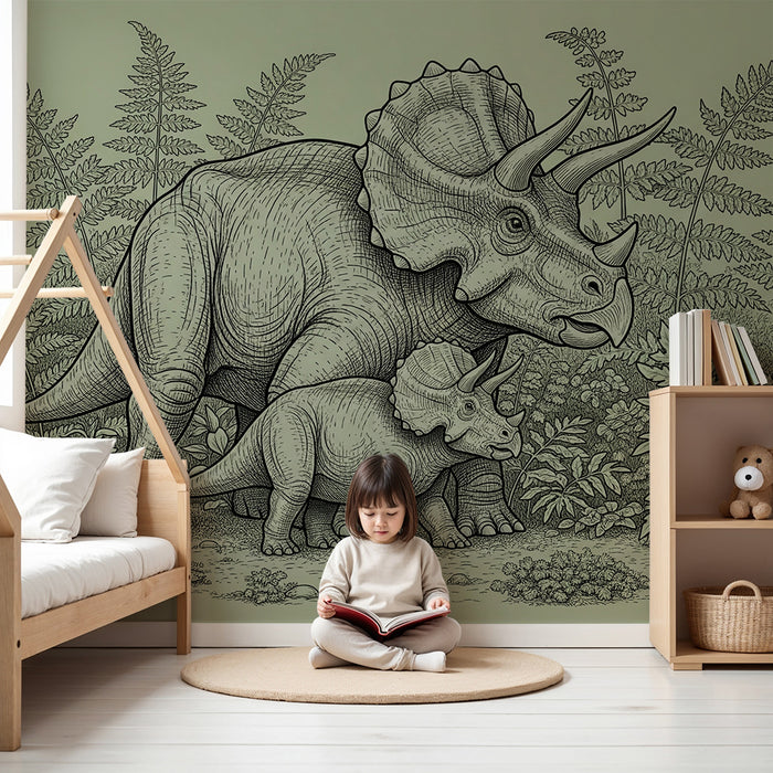 Gyermekszoba tapéta | Majestikus triceratopsz és kicsinye egy ősi dzsungelben