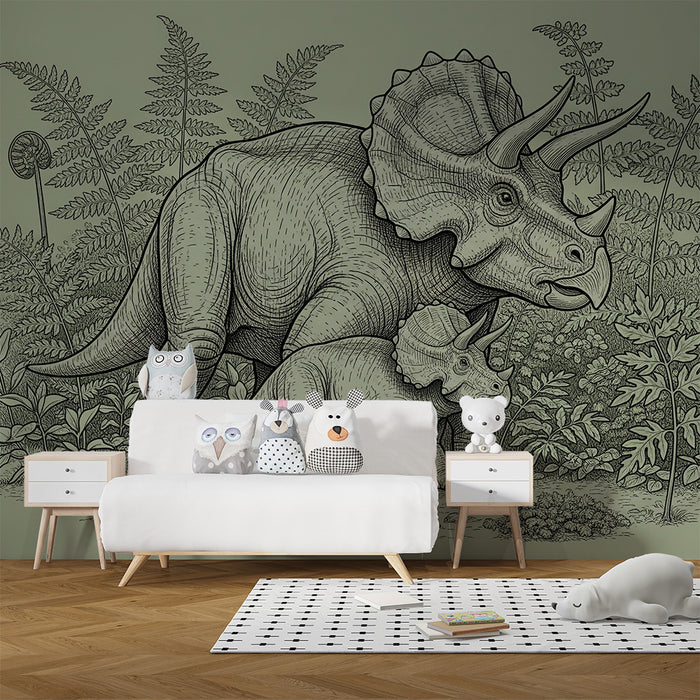 Gyermekszoba tapéta | Majestikus triceratopsz és kicsinye egy ősi dzsungelben