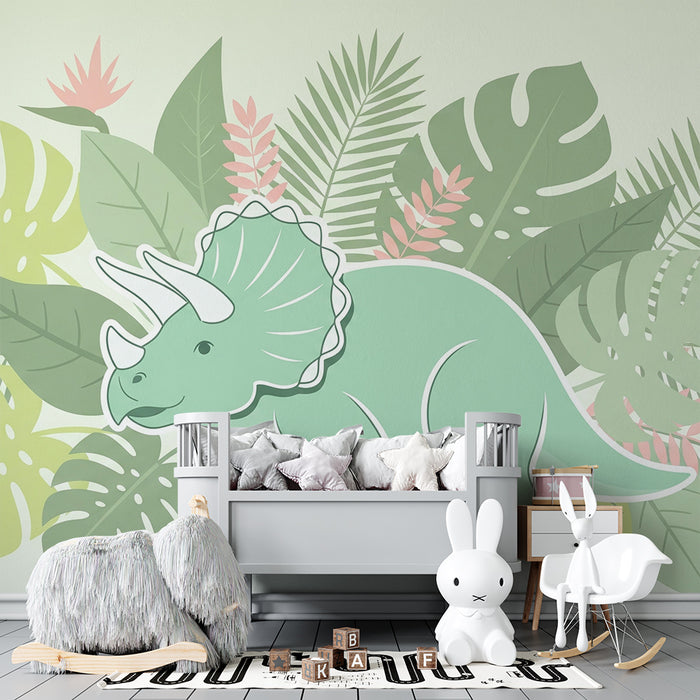 Gyermekszoba tapéta | Aranyos triceratopsz trópusi növényzet között