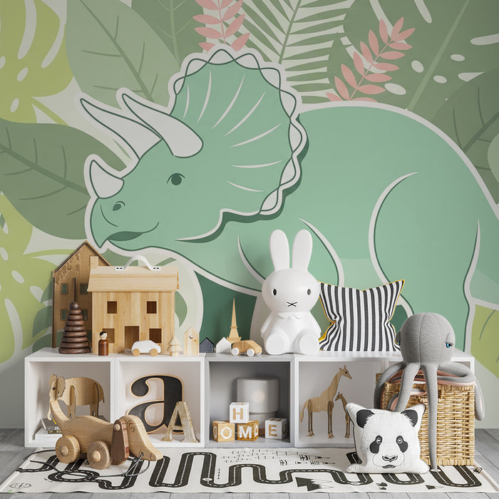 Gyermekszoba tapéta | Aranyos triceratopsz trópusi növényzet között