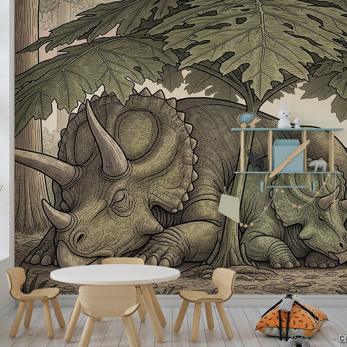 Kinderkamer behang | Vredige triceratops onder weelderig bladerdak