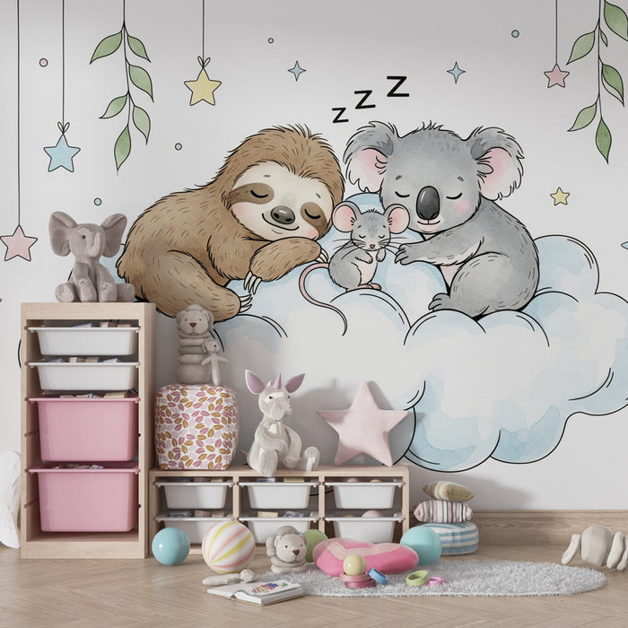 Kinderzimmer Tapete | Drei schlafende Tiere auf einer Wolke